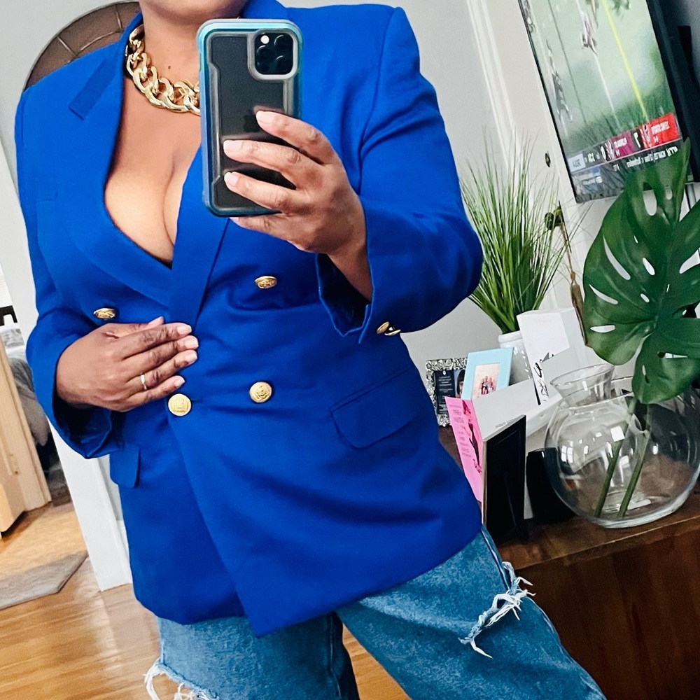 Cobalt blue double breasted blazer.